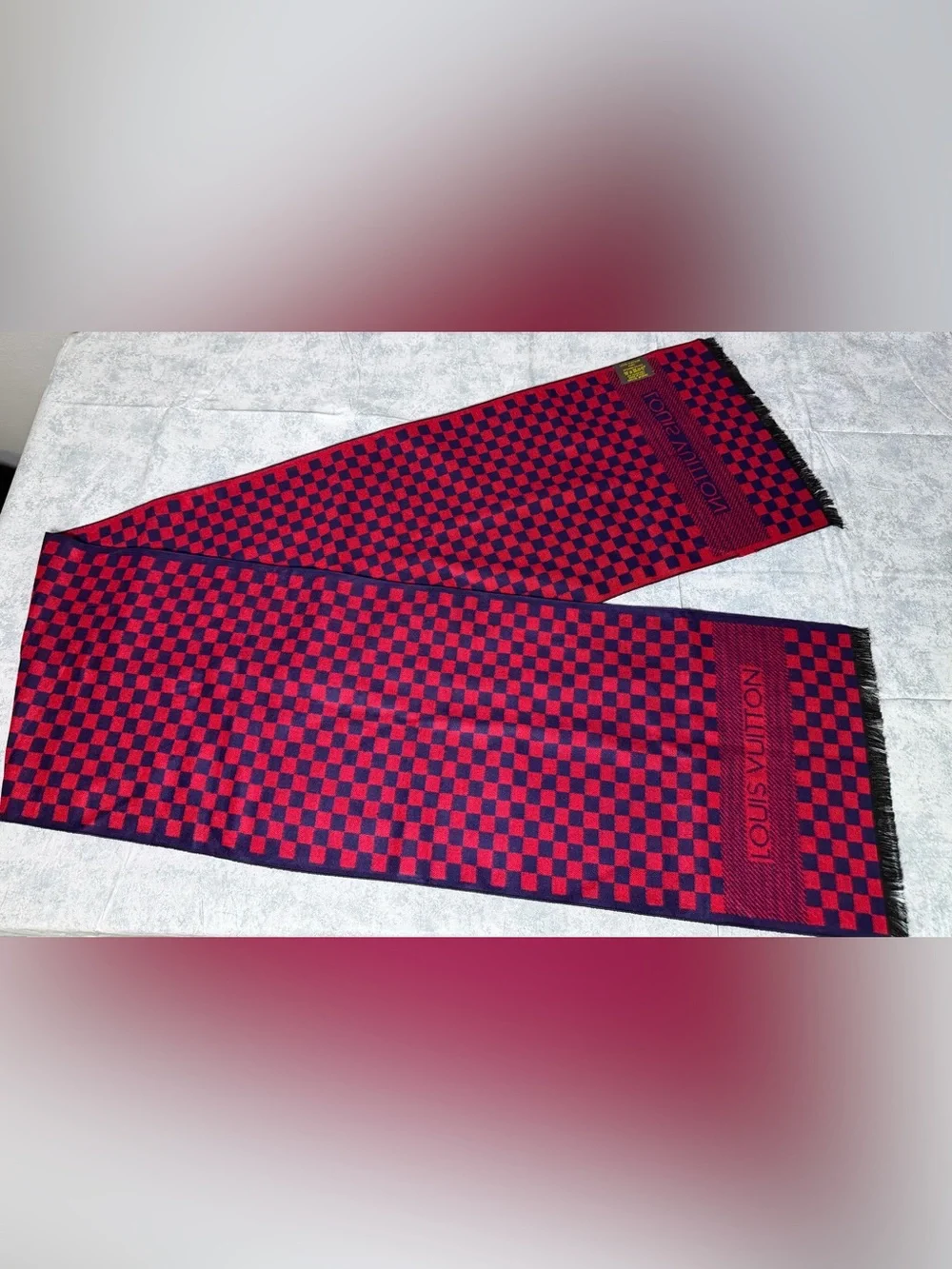 Louis Vuitton red/blue checkerboard scarf - Picture 1 of 5